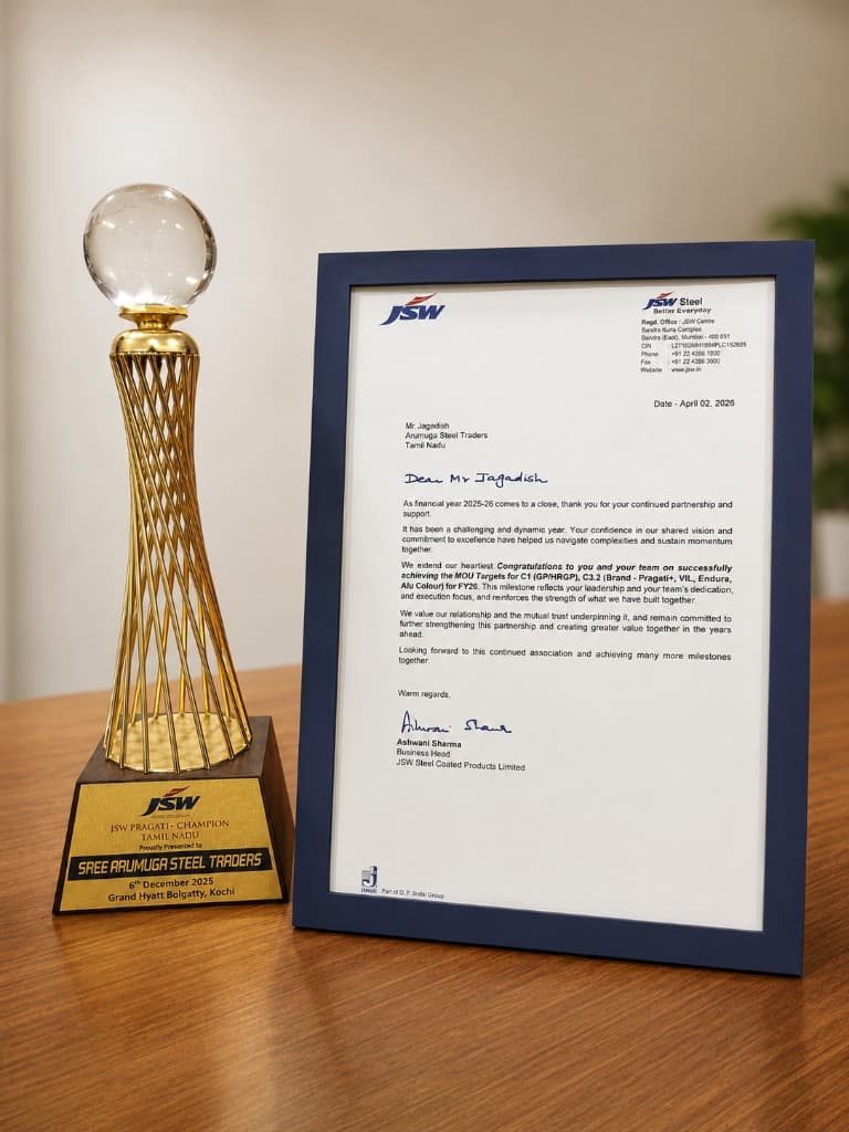 JSW Pragati+ Champion Tamil Nadu 2025 trophy and letter of appreciation